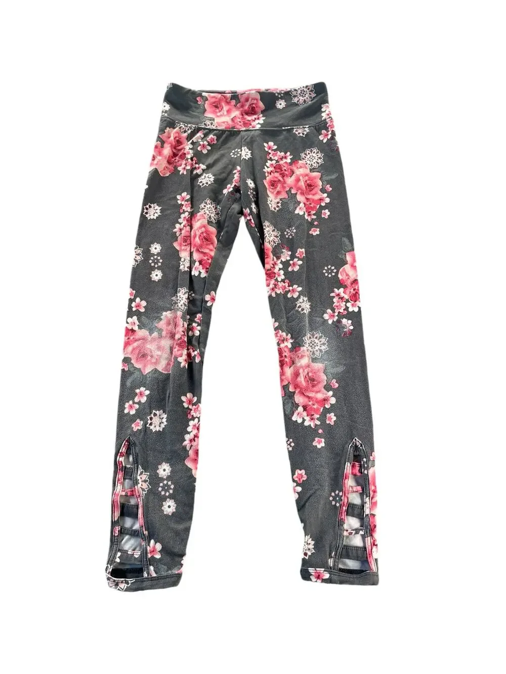 Justice Girls Gray Pink Floral Print Pull-On Fitted Leggings Youth Size 10